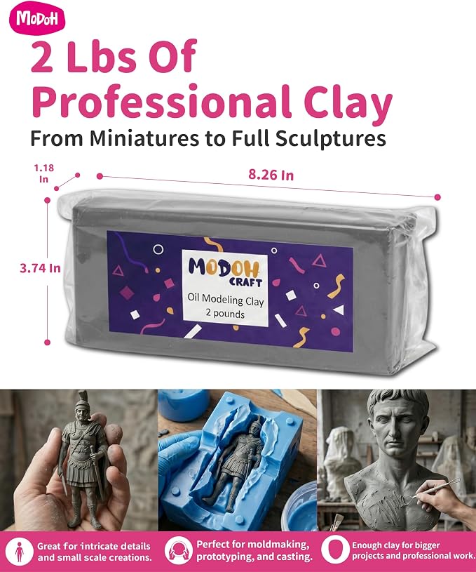 Plasticine Oil Based Non Drying Clay - Gray, 2 Lbs - Reusable, EN71 & ASTM Certified, Non Toxic, Sulfur Free, Professional Plastilina Sculpting Clay for Adults and Kids