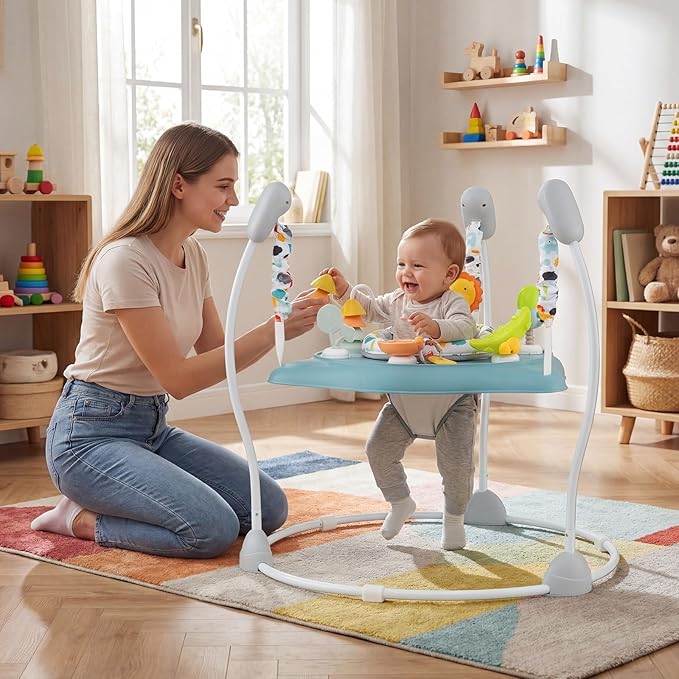 BABY JOY Baby Activity Center, Baby Jumpers and Bouncers with Music, 360° Rotating Seat, 3 Adjustable Heights, Montessori-Inspired Activity Center for Baby 7-15 Months (Baby Blue)