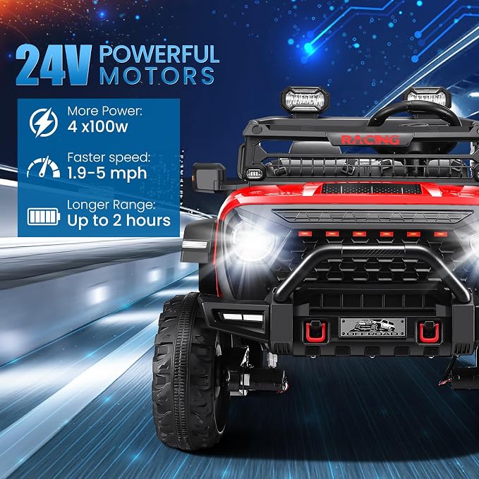 Hikole 2 Seater Ride on Car with Remote Control,24V Battery Powered Electric Truck for Kids,4x100W Motor,LED Headlights,Music Player,Ride on Toy for Big Kids, Red