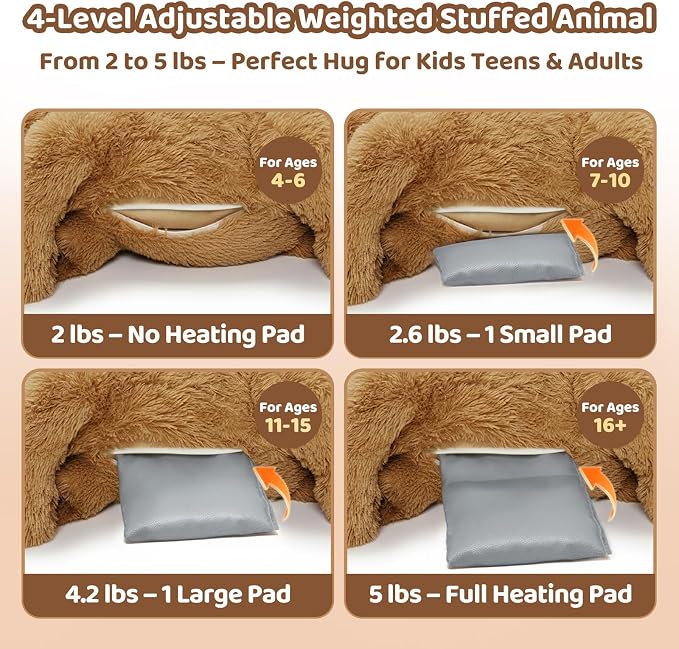 Mewaii Weighted Stuffed Animals for Adults & Kids, 2-5 lbs - 23" Heatable Coolable Bear Plush, Microwavable Adjustable Removable Inner Pad, Realistic Hug Comfort Gift (Brown)
