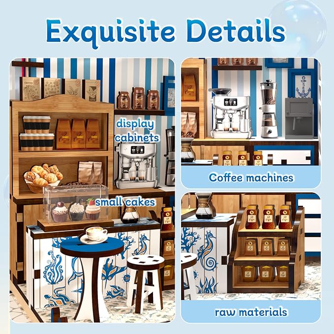 DIY Miniature House Kit, Coffee Shop Book Nook Kit, Mini Building Kit, Dollhouse Kit for Adults and Teens, 3D Wooden Puzzles with LED Light, Craft Kit for Family and Friends(Sunny Coffee Shop)