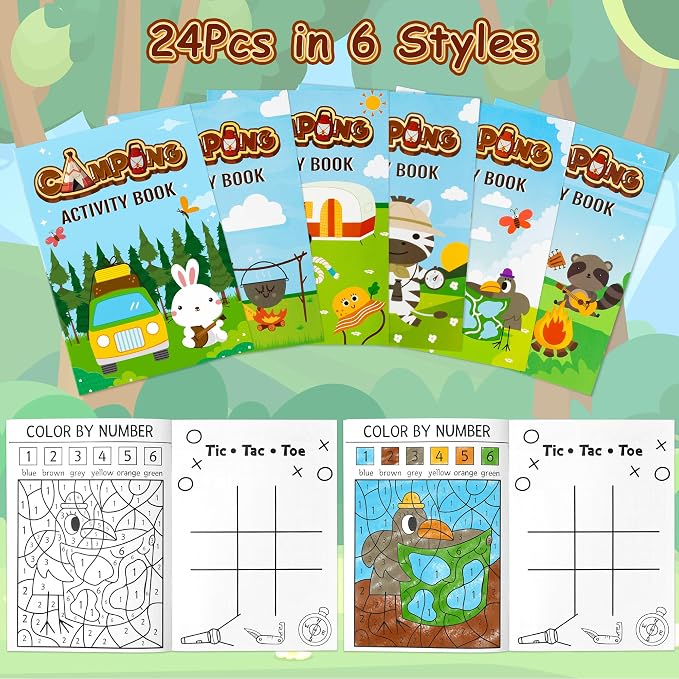 24Pcs Travel Camping Activity Books - Happy Camper Mini Fun Games Coloring Book Bulk Party Favors Goodie Bags Stuffers for Birthday Classroom School Students Rewards Supplies