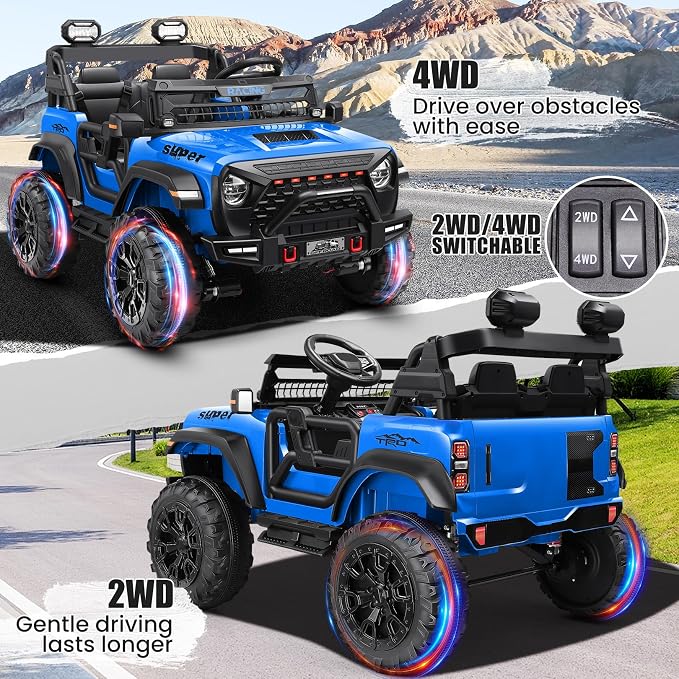 Hikole 24V 2 Seater Ride-on Car with Remote Control, Electric Car for Kids, 4x100W Motor, Spring Suspension, LED Headlights, Music, Power Wheel for Boys and Girls, Blue