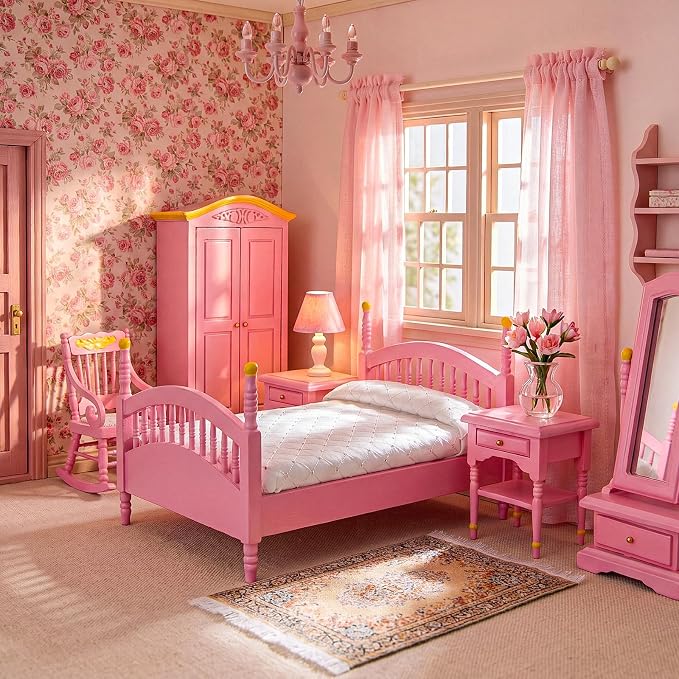 Skylety 7 Pcs Wooden Dollhouse Furniture Set 1: 12 Scale Victorian Dollhouse Bedroom Furniture, Bed Dressing Table Wardrobe Carpet for Adults Toys Miniature Doll House Accessories(Pink,Bright)