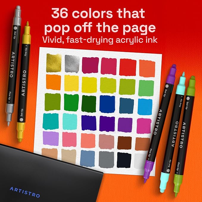 ARTISTRO 36 Dual Tip Pens, Dot & Fine Tips Paint Markers – Paint Pens Set for Fabric, Rock, Glass, Wood, Coloring Books – Arts & Crafts Gift – Classroom Must Haves & School Supplies