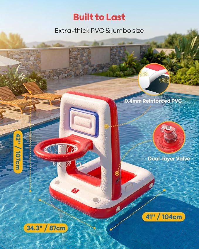 QPAU Pool Basketball Hoop with Built-in Cooler, 42" Poolside & Floating Inflatable Basketball Hoop for Family Pool Party — Swimming Pool Games for Kids & Adults, Includes 2 Balls & Pumps