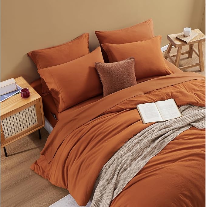WRENSONGE King Size Comforter Sets- 7 Pieces Soft Burnt Orange Bed in a Bag King with Fitted Sheet, Flat Sheet 2 Pillow Shams, and 2 Pillowcases- Warm Bedding Set for All Season