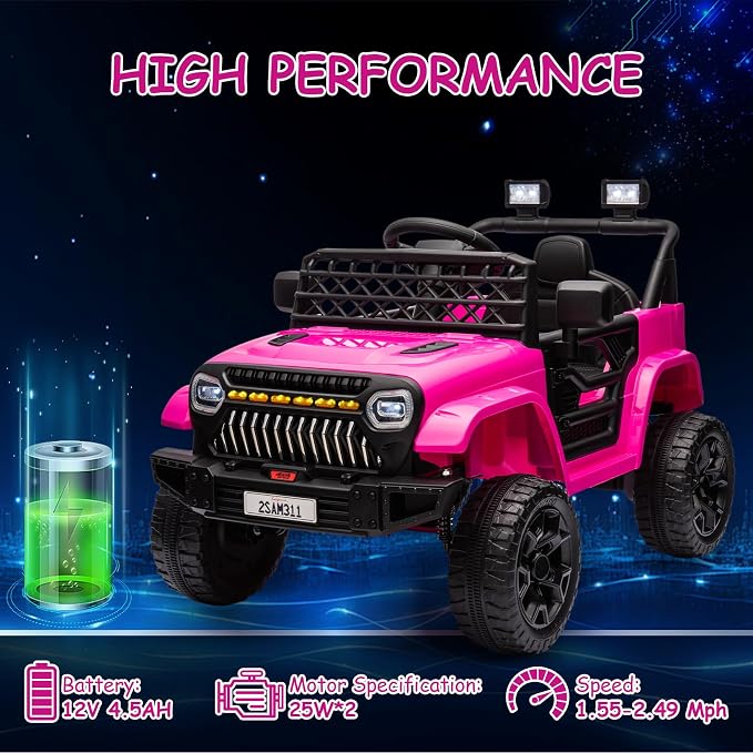 GarveeLife 12V Kids Ride On Truck Electric Vehicle Battery Powered Car Toddlers Ride On Toy for Boys Girls with Remote Control, 4-Wheel Suspension, Battery Display, LED Lights, Music, Rose Red