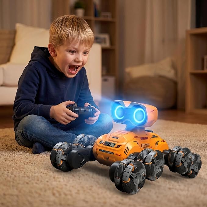 Robot Toys for Kids, 8 Wheels RC Stunt Car with LED Eyes, Lights & Music, Flexible Head, 360° Rotation, All-Terrain Remote Control Robot Car with Auto Demo, Gift for Boys Girls 3+ Years Old, Orange