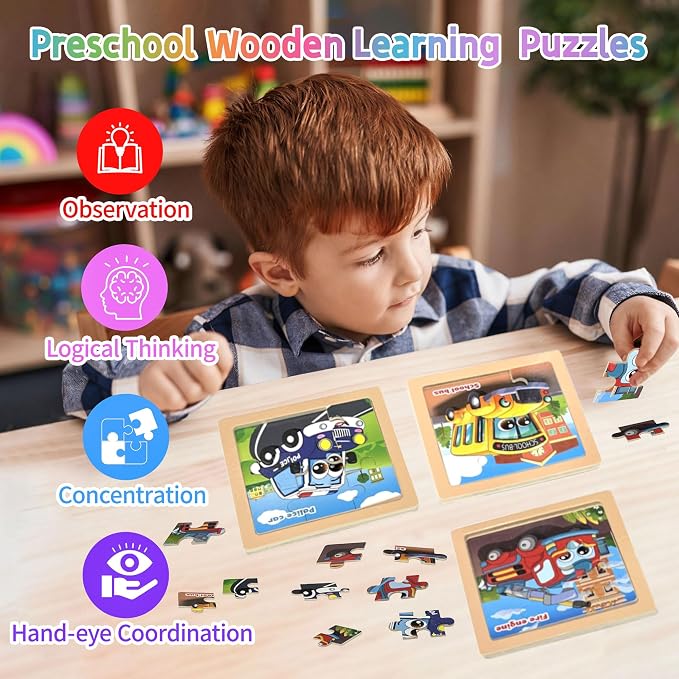 Wooden Vehicle Puzzles for Toddlers, 8 Pack 9 PCS Jigsaw Puzzles for Kids, Wooden Puzzles for Toddlers 3-5, Vehicle Puzzles for Kids 3-5, Preschool Puzzles Learning Educational Sets Toys