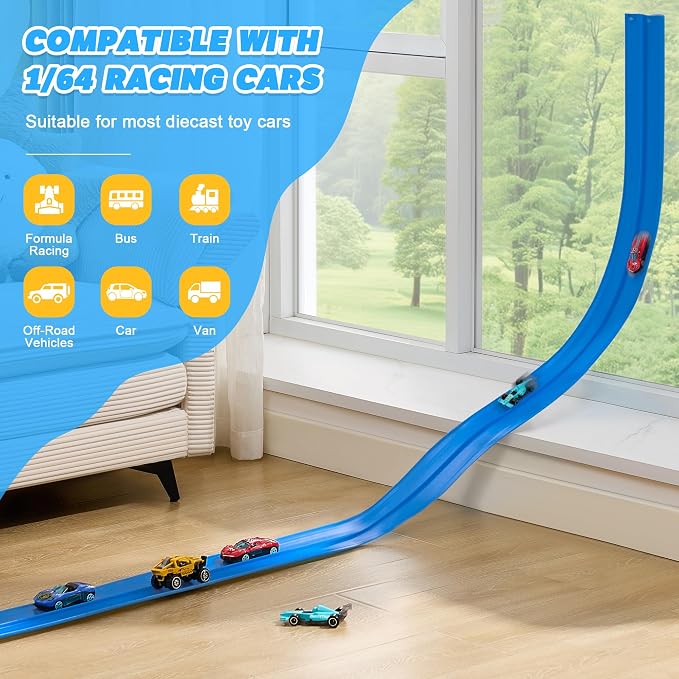 Flexible Race Track for Kids - 15 Ft Flex Track Race Car Tracks with Car Ramp Toy, Fit for Monster Truck Track & Kids' Play Cars, Race Tracks for Toddlers 3+, Gifts for Boys Girls (Dark Blue)