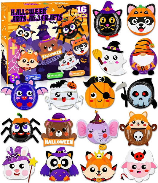16 Pack Arts and Crafts for Kids, Toddler Crafts Animal Paper Plate Art Kit Gift for 3 4 5 6 Year Old Boys Girls DIY Kids for Birthday Party Favor Preschool Classroom Party Games (Halloween)