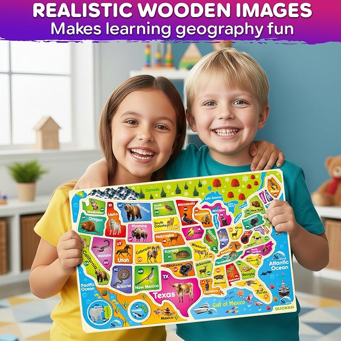 QUOKKA United States Puzzles for Kids Ages 4-6 - Realistic USA Map Wooden Puzzles for Kids Ages 3-5 - Montessori Wood Educational Toys for Toddlers 2-4 Years Old - Geography Learning Games for 6-8 yo