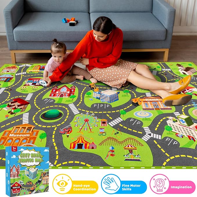Kids Car Rug Play Mat with 12 Toy Vehicle Set, Kid Road Playmat Rug for Toy Cars, Cars Play Rugs Town City Map Carpet, Car Track Rugs for Kids Boys Playroom Bedroom (60"X36", City Map+Vehicle)