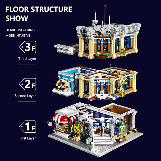 City Police Office Architecture Building Model Building Kit,MOC Street View House with 3 Levels Modular Building Blocks Model Set for Adults and Teens,Collectible Display Toy,2967 Pieces