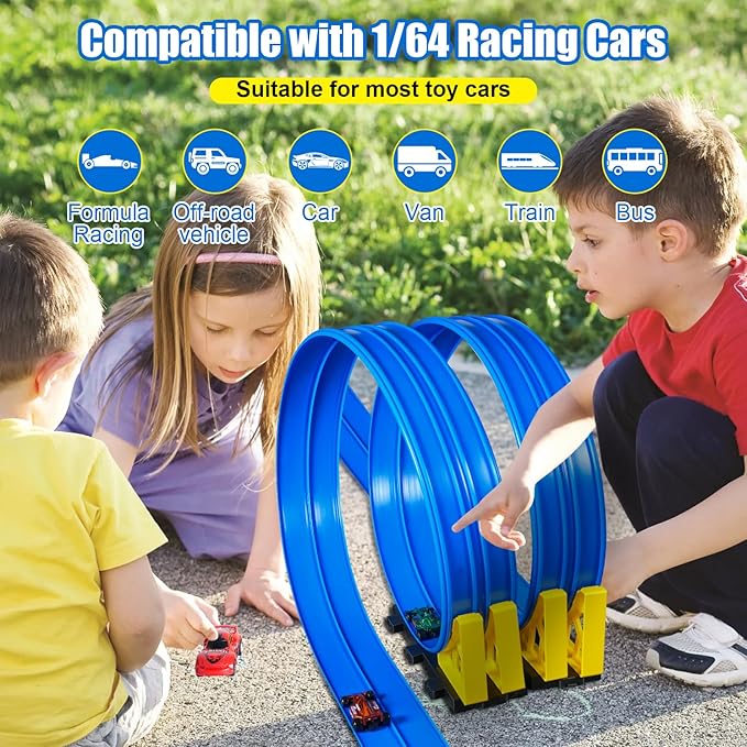15 Ft Flexible Race Track for Kids 3+, Flexible Car Track Race Car Ramp Track Compatible with Hot Wheels and Diecast 1/64th Cars, Portable Rolls Up Race Tracks with Strong Suction Cups (Blue)