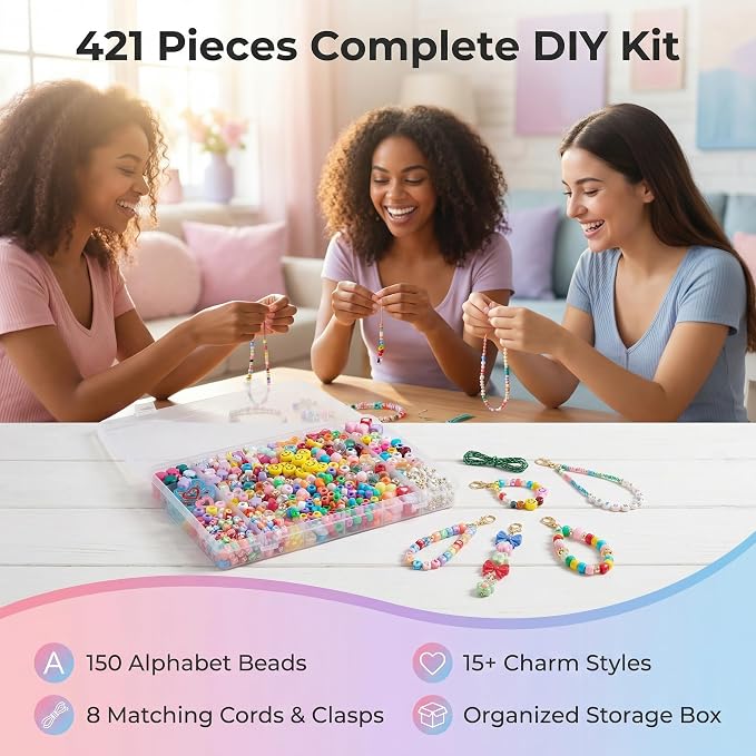 YOJO DIY Keychain Making Kit for Women & Girls, Personalized Jewelry Craft Supplies, Creative Arts and Crafts Set for Bag Charms, Phone Straps & Gifts (421Pcs)
