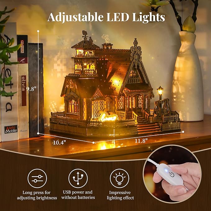 FUNPOLA 3D Wood Puzzle Countryside Cottage Model - DIY Miniature Building Kit with Spark LED Lights - Craft Rural Architecture Home Décor Gift for Adults