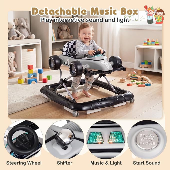 BABY JOY 4-in-1 Baby Walker, Foldable Activity Walker with Push Mode, Adjustable Height, Lights, Anti-Rollover, Baby Walker with Wheels for Boys Girls 6-18 Months (Gray)