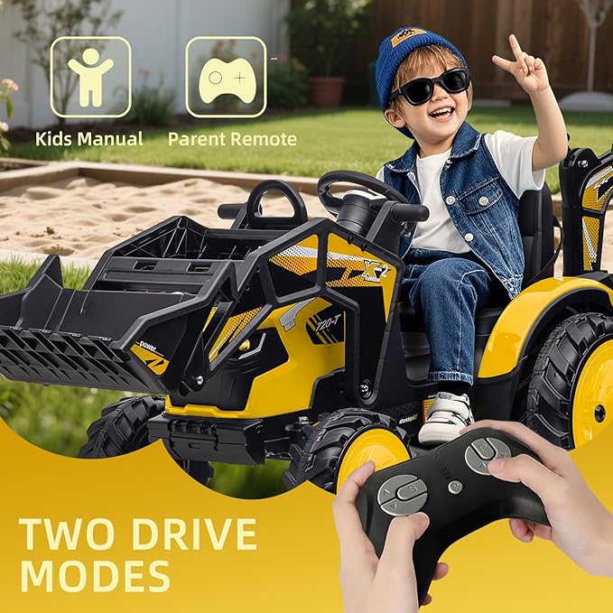 3 in 1 Ride on Tractor, 24V Ride on Toy for Big Kids, Excavator Bulldozer - Battery-Powered Electric Vehicle w/Trailer, Digger, Remote Control, LED Lights, Music, USB, Battery Powered, Yellow
