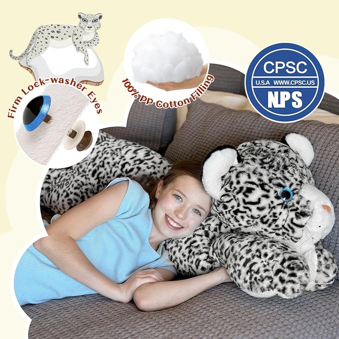 MorisMos Giant Snow Leopard Stuffed Animal Plush Pillow 4ft, 47" Extra Large Stuffed Cheetah Pillow for Kids & Adults,Realistic Snow Leopard Plush for Christmas Birthday Gift Safari/Jungle Party Decor