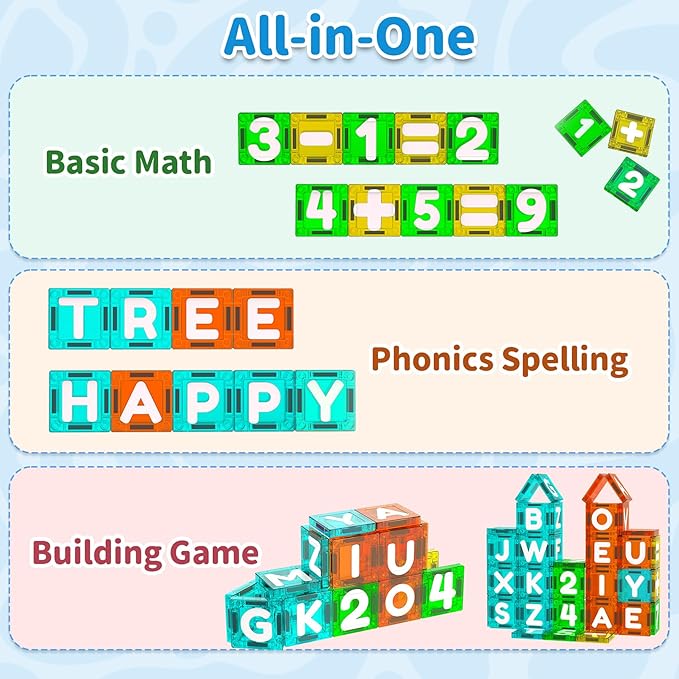 SKTMYY Magnetic Tiles Letters & Numbers, 69PCS Mini Travel Magnet Building Blocks Alphabet ABC Learning Toys for Kids Toddlers Montessori STEM Toy for Preschool Classroom Birthday Gifts for Boys Girls