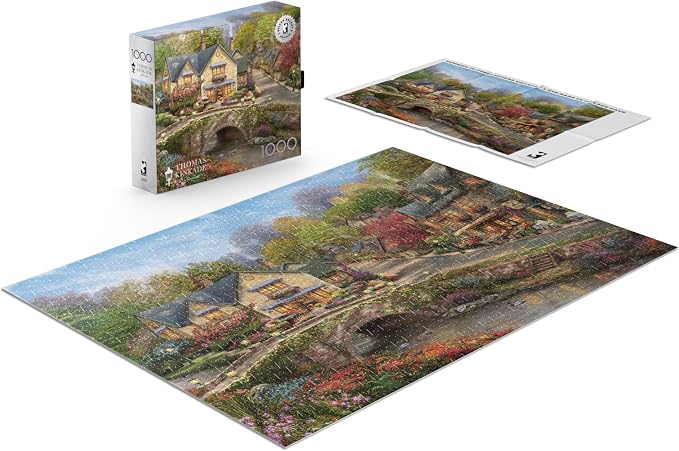 Buffalo Games Thomas Kinkade Summer in Cobblestone Village 1000 Piece Puzzle – Silver Select Premium Jigsaw Puzzle with Foil Accents & Reference Poster