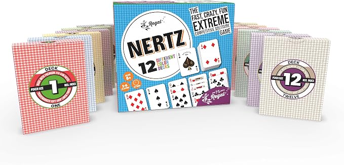 Regal Games Nertz & Solitaire Playing Cards, 12 Multi-Colored Poker Decks 2.5" x 3.5", 310 GSM Linen Finish, Durable Casino Quality for Poker, Blackjack, Rummy & Family Game Night for Kids & Adults