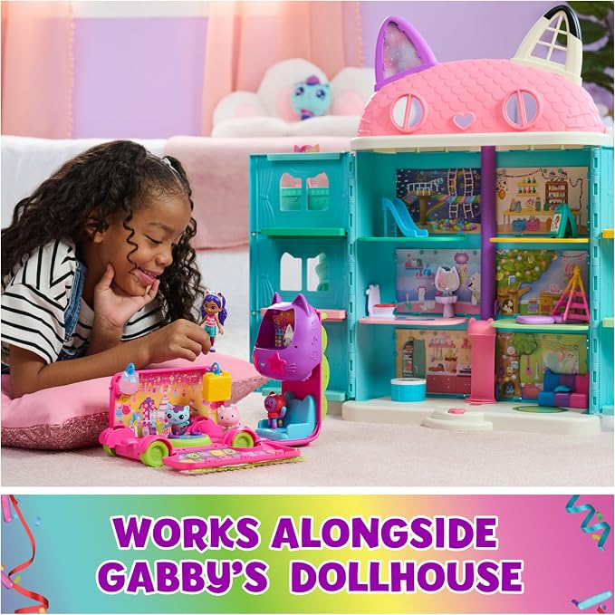 DreamWorks GABBY'S Dollhouse Celebration Party Bus, Transforming Playset with Gabby & DJ Catnip Toy Figures & Dollhouse Accessories, Kids Toys for Ages 3 and Up
