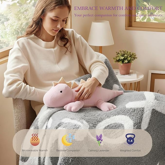 KOWSI® Microwavable Heating Pad Purple Stegosaurus Plush - 1.4 Lb Weighted Stuffed Animal Toy with Tourmaline Beads & Lavender - 16" Squished Long Dinosaur Pillow - Lumbar Back Cushion Lasting Warmth