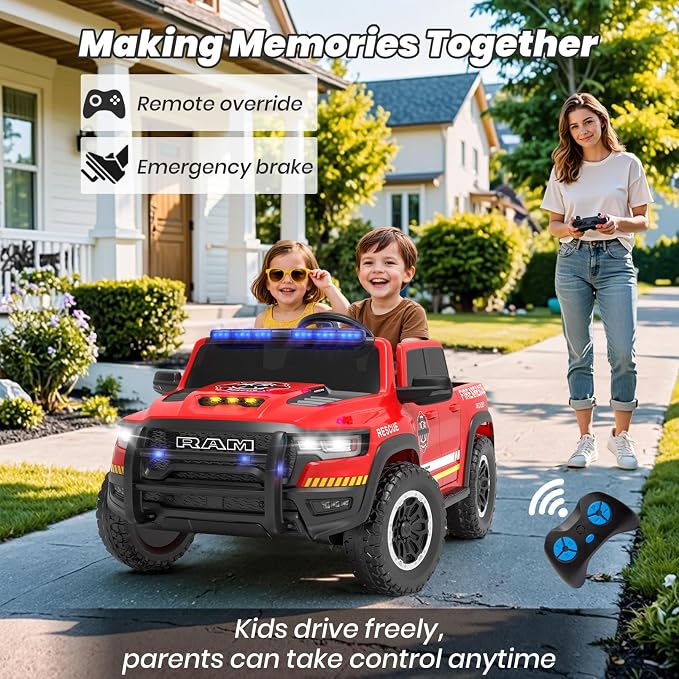24V Ride On Fire Truck with Remote Control, 2 Seater RAM 1500 Electric Fire Engine for Kids, LED Lights, Siren & Megaphone, Slow Start, 3 Speeds, Spring Suspension, Battery Powered Ride On Car