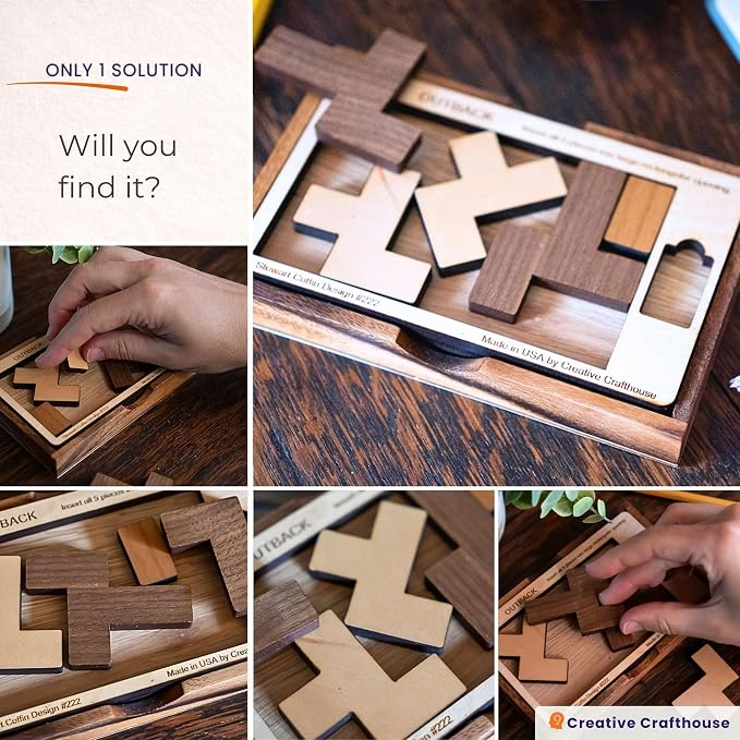 Creative Crafthouse Outback Puzzle, Stewart Coffin Wood Brain Teaser, Hard | A packing design numbered 222. Five cherry and maple pieces have just one known solution, a tough desk challenge, made in USA