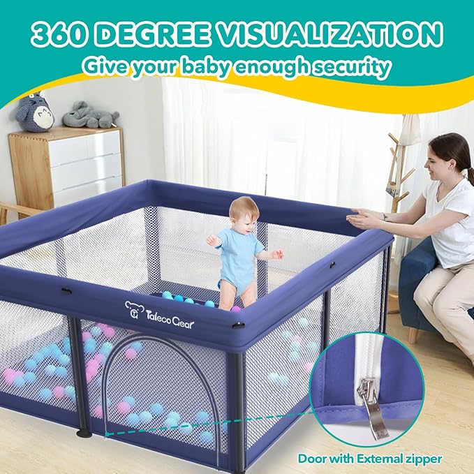 Foldable Baby Playpen for Babies and Toddlers, 50x50 Inch Portable Play Yard, Collapsible Play Pen with Mat, Visible Mesh, 50 Ocean Balls, Indoor/Outdoor Baby Fence Activity Center for Home