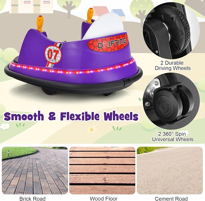 Costzon Bumper Car for Kids, 12V Electric Toddler Bumping Car with Remote Control, Dual Joysticks, 360 Spin, Music, Flashing Lights, Slow Star, Kids Bumper Car Ride on Toy for Boy Girl Gift (Purple)