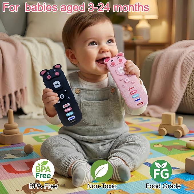 2Pcs Baby Teething Toys, BPA-Free Food Grade Silicone Baby Remote Control Teething Toy for 3-18 Months, Baby Remote Teether, Newborn Teething Relief TV Remote Pig Shaped Toy (Pig Black&Pink)
