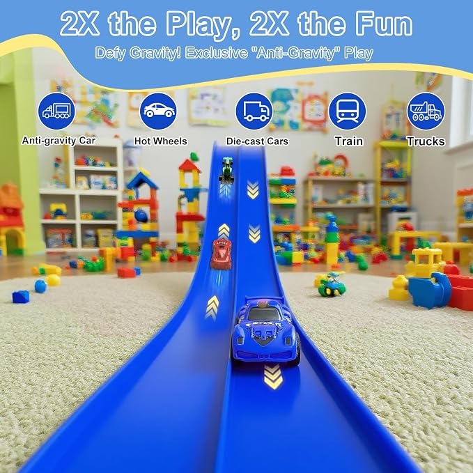 Flexible Race Track Toys for Kids: 20 Ft Flex Race Car Ramp Track with Suction Cups - Rolls Up Portable DIY Racetrack with 4 Racing Cars- Birthday Gifts for Boys Girls Ages 3+ (Dark Blue)