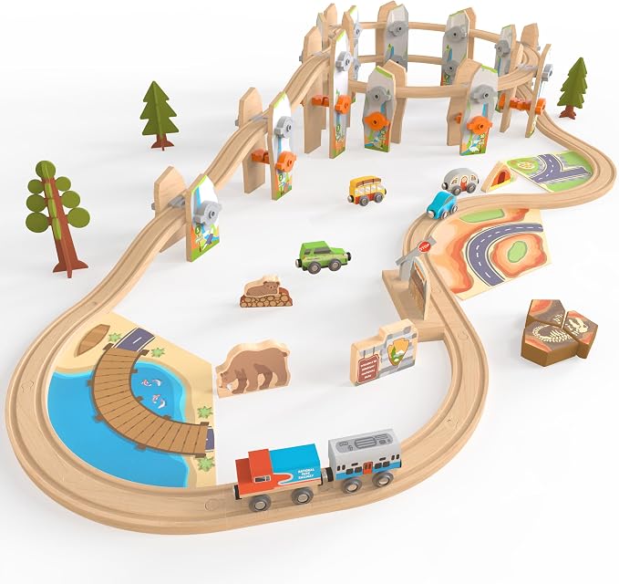 Wooden Train Set 141 Pc Build and Play Elevated Track System STEAM Accredited National Park Animal Railway Multi Level Spiral STEM Toy Gift for Grandkids Kids Toddlers Compatible Thomas Brio Railway