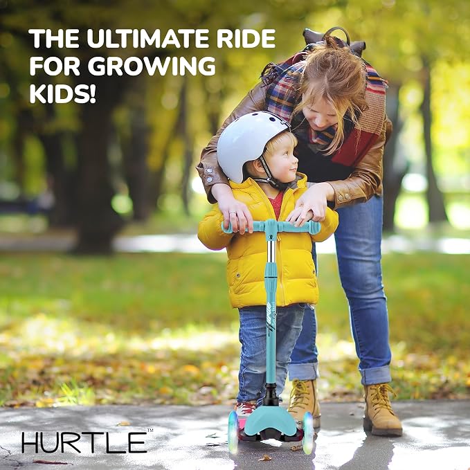 Hurtle Mini Kickboard 3 Wheel Scooter for Kids Ages 2-5 - Lean-to-Steer Toddler Scooter with Light-up LED Wheels, Adjustable Height & Rear Foot Brake for Boys. & Girls, Anti-Slip, Indoor/Outdoor