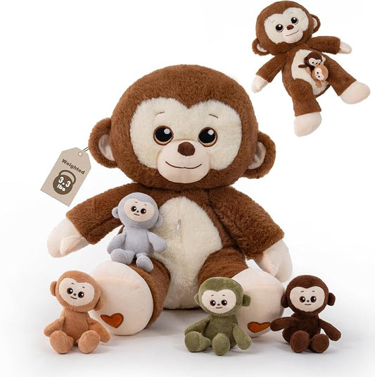 Monkey Stuffed Animals, Mommy Monkey Plush with Baby, 5 Pcs Plush Toy for Girl Boy, Birthday Gifts for Kids