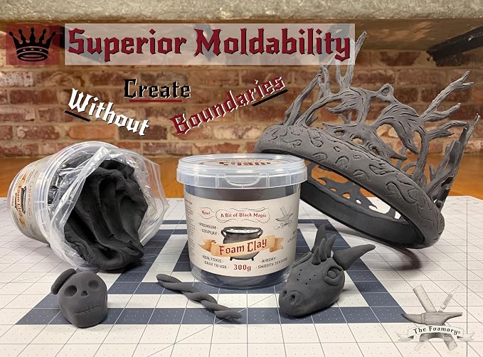 The Foamory Moldable Cosplay Foam Clay (300g Black) High Density Air Dry Clay, EVA Foam Sands Paints Easily, Non-Toxic and Safe for Crafts