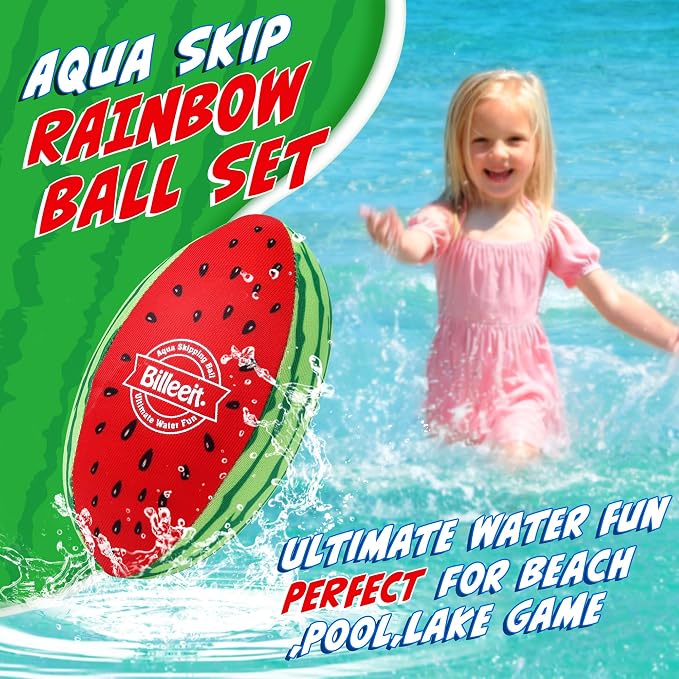 Billeeit 5Pcs Water Skipping Balls for Pool, Beach, Lake, River, Ocean Play, Floating TPR Bouncing Ball for Kids 3+ and Adults with 1 Football, 2 Round Balls, 2 Discs and Mesh Bag (Watermelon Theme)