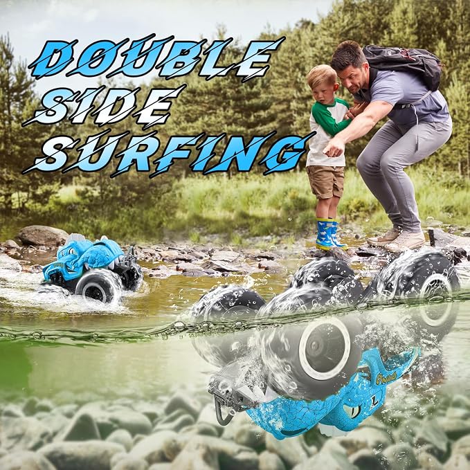 Amphibious Remote Control Car, 1:20 Waterproof Dinosaur Monster Trucks for Boys Age 4-7, 2.4GHz All Terrain RC Cars with 2 Batteries, 360° Rotating Stunt RC Car Toy Birthday Gift for Kids 3-5