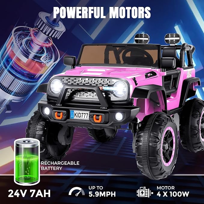 Hikole 24V 4WD/2WD Electric Kids Car with 4x4 Powerful Engine, Remote Control, Spring Suspension, Music, 2 Seater Electric Kids Ride on Truck W/20 Extra Wide Seat, Colorful LED Lights, Pink