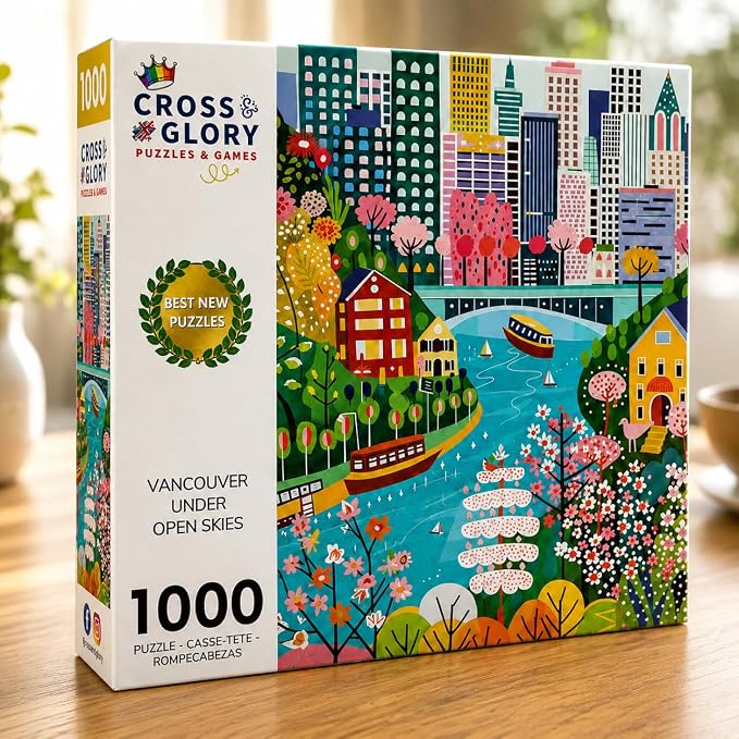 Cross & Glory – Vancouver Under Open Skies – 1000 Piece Jigsaw Puzzle for Adults | Modern Folk Art Vancouver City Scene | Minimalist, Colorful Travel Puzzle