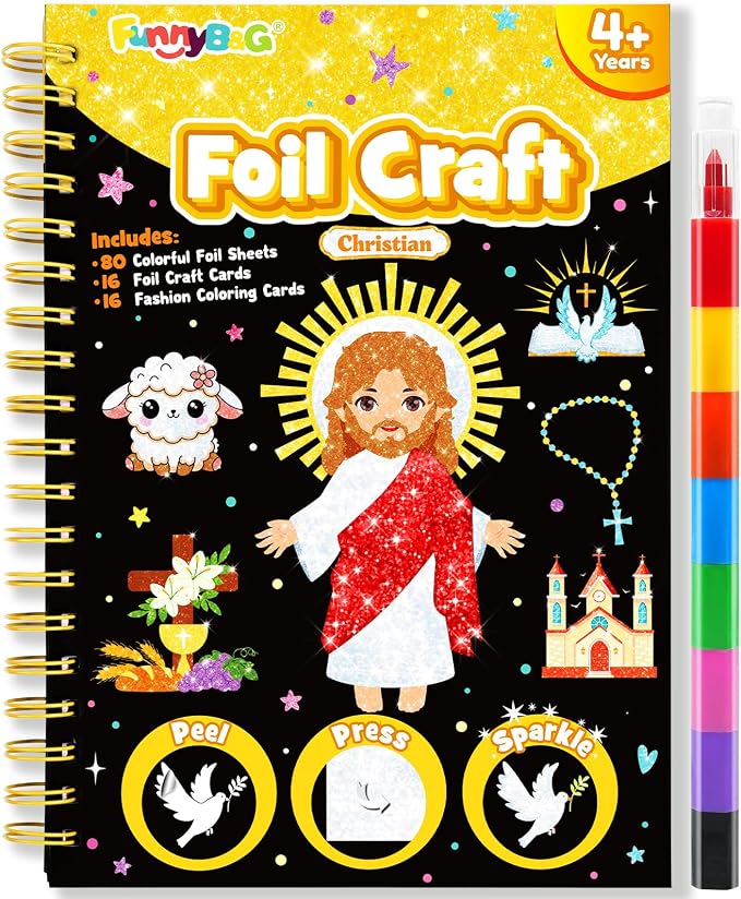 FUNNYB&G Foil Art Craft Kit for Kids 4-10 Years Old: Mess-Free & No-Glue, Create 16 Sparkly Christian Pictures – Perfect Travel Toy & Birthday Gift for Kids (Christian)
