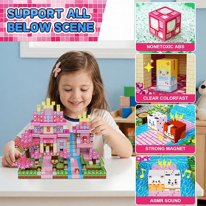 300PCS Magnetic Blocks Building Toys for Kids - 0.8in Magnet Cubes Cherry Blossom Forest Theme Toddler Toys, STEM Preschool Educational Sensory Construction Set, Birthday Gifts for Boys Girls Age 3-8
