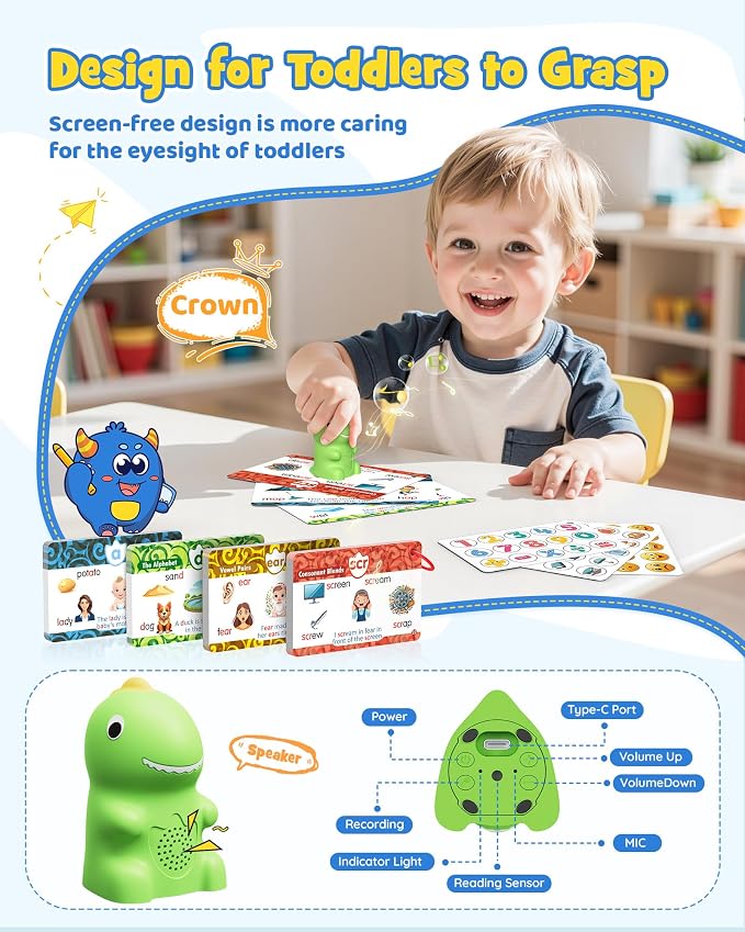KOKODI Dinosaur Talking Pen with Phonics Cards, Autism Sensory Interactive Game for Kids Ages 3-8 Kindergarten Preschool Learning Activities, ABC 123 Learning Set for Toddler Educational Birthday Gift