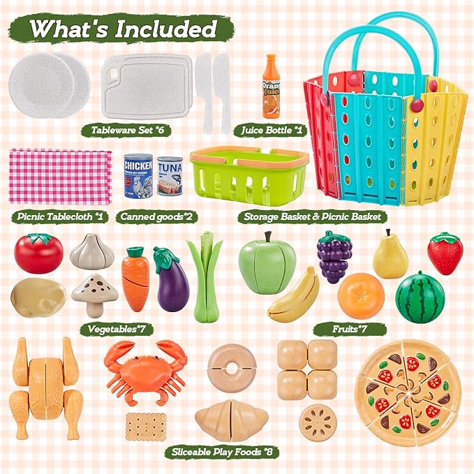 86Pc Wheat Straw Play Food for Kids Kitchen-Toy Food with 2 Baskets & Picnic Blanket, Realistic Cutting Pizza, Grocery Cans, Pretend Play Kitchen Accessories & Toddler Toys for Boys Girls 3+