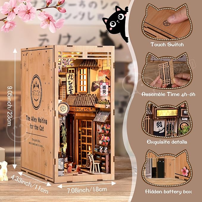 DIY Book Nook Kit with LED Lights | 3D Puzzles for Adults & Teens, Miniatures and Model Building Kits for Bookshelf Decor, Relaxing & Creative Gift for Craft Lovers | Sakura Alley