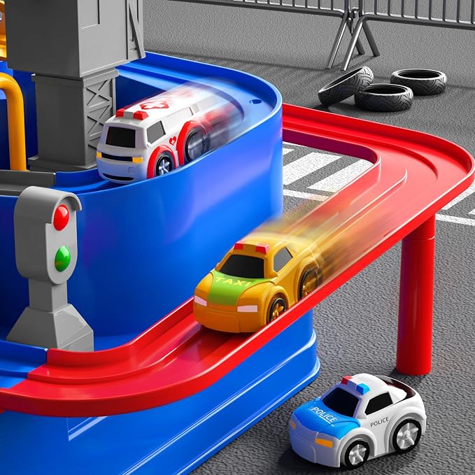 Car Race Track for Kids Ages 3+, Kids Car Toys for 3 Year Old Boys, Race Track for Toddlers 3+, City with 3 Small Cars and Helicopter, Educational Birthday Gifts